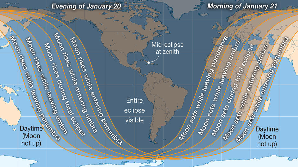 This Sky & Telescope map shows the visibility region for the total lunar eclipse of Jan. 20-21, 2019. <cite>Sky & Telescope; source: Fred Espenak</cite>